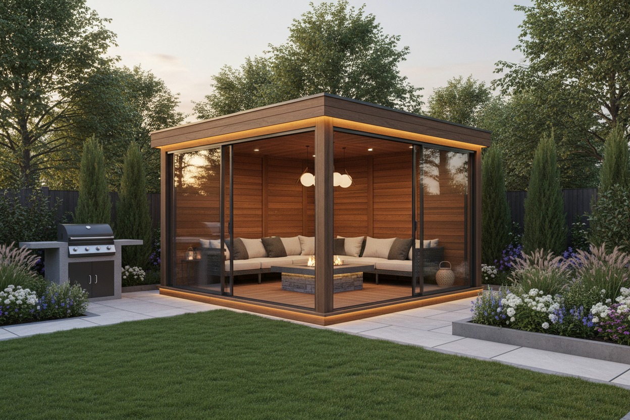 Een moderne houten tuinkamer met glazen schuifwanden, verlichting en een comfortabele loungeset in een groene achtertuin.