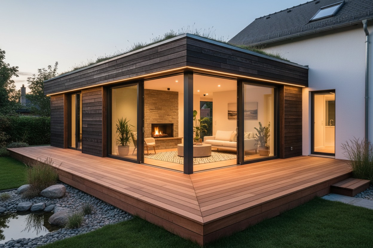 Een moderne woning met een houten aanbouw, grote glazen schuifpuien en een groen dak, omringd door een houten vlonder en een tuin met een vijver.