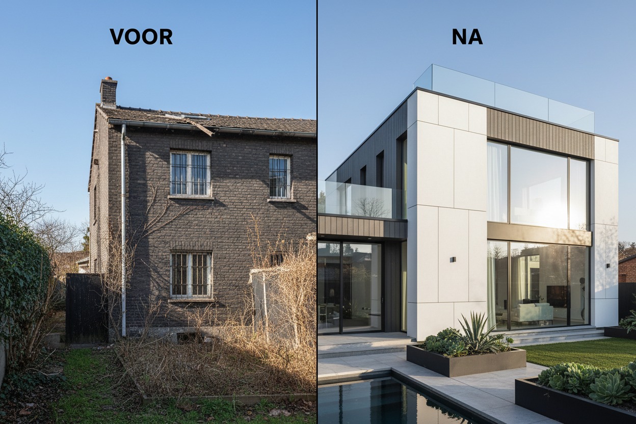 Voor- en na-foto van een woningrenovatie, met links het oude bakstenen huis en rechts de moderne verbouwing met grote ramen en een zwembad.
