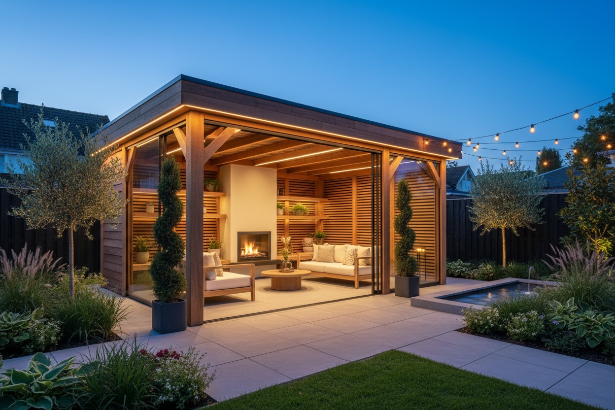Een moderne houten veranda met glazen schuifwanden, led-verlichting en een buitenhaard in een sfeervol verlichte achtertuin in de schemering.